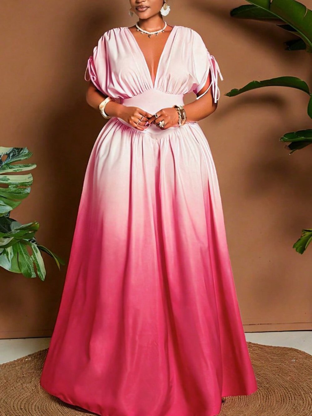 Multicolor Casual Women's Plus Size Ombre Tie-Front V-Neck A-Line Maxi Dress - Picture 7 of 7